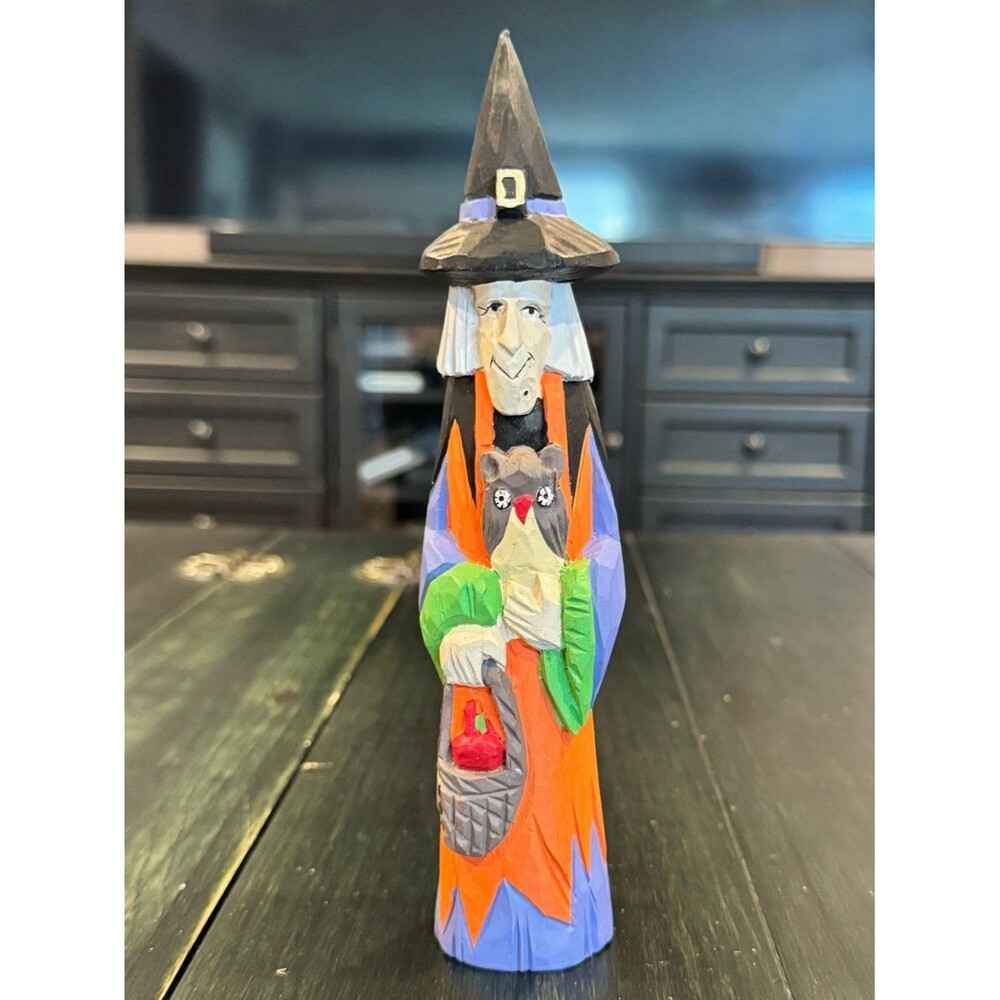 Midwest Importers of Cannon Falls Halloween carved wood witch figure with an owl